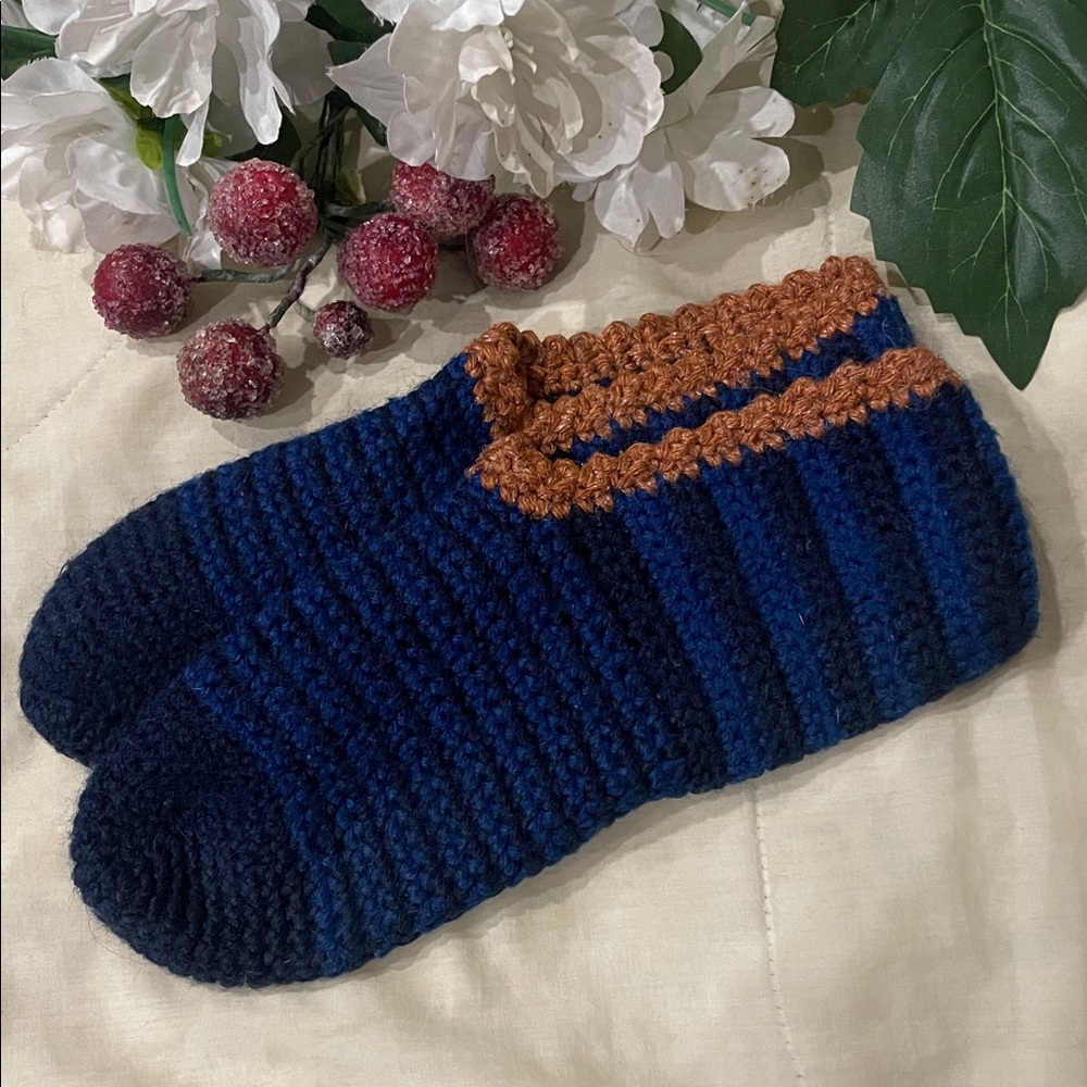 Hand Kint Blue and Black Striped Slippers • Unisex